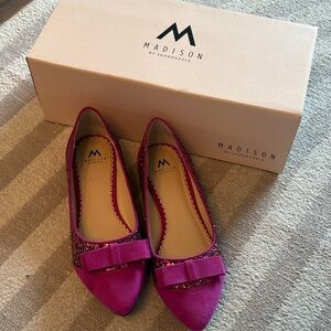 Madison Women's Magenta Pointed Toe Flats with Bow and Glitter